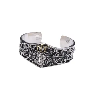 Heavy Real Solid 925 Sterling Silver Cuff Bracelet Animals Lion Crown Punk Jewelry Open Bangle