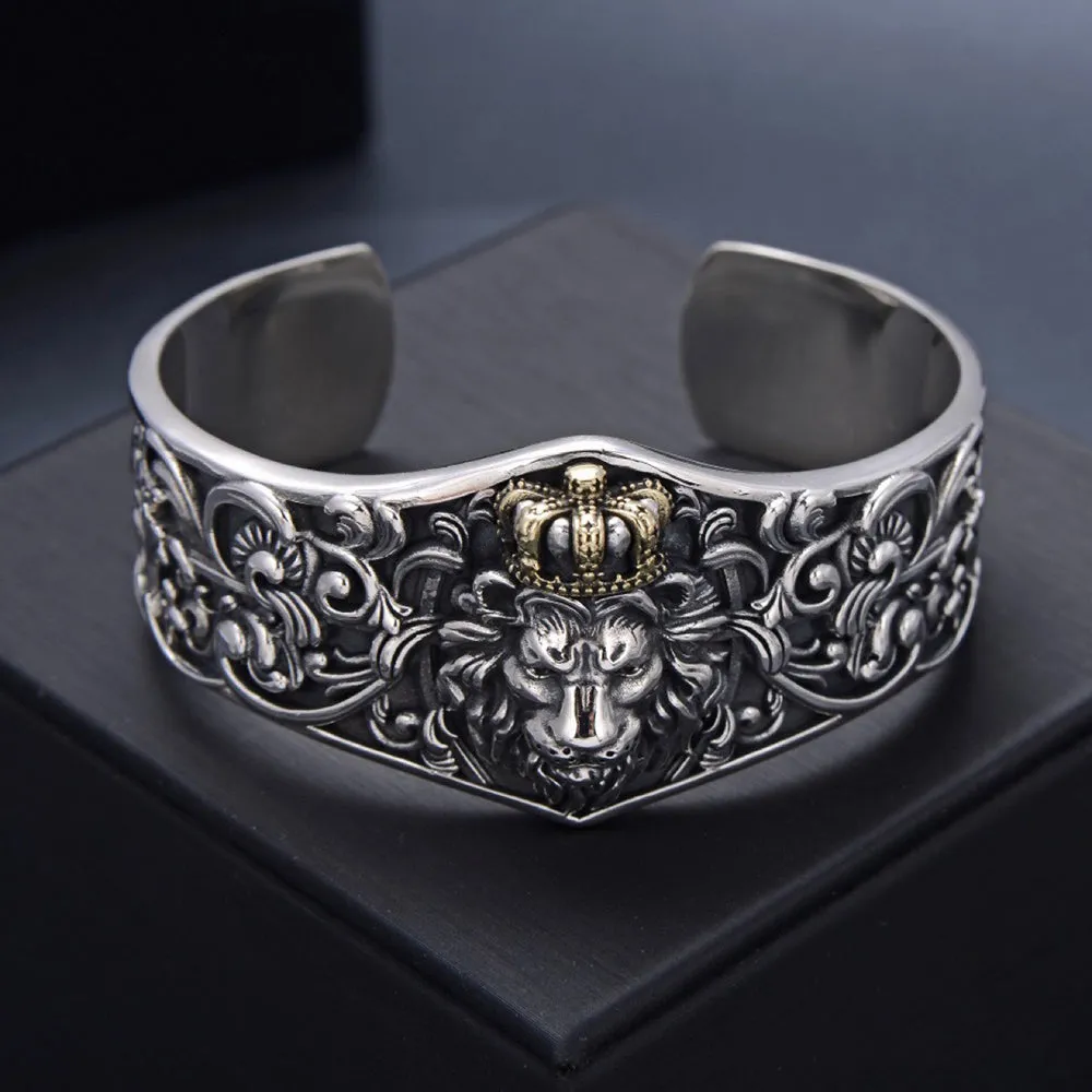 Heavy Real Solid 925 Sterling Silver Cuff Bracelet Animals Lion Crown Punk Jewelry Open Bangle