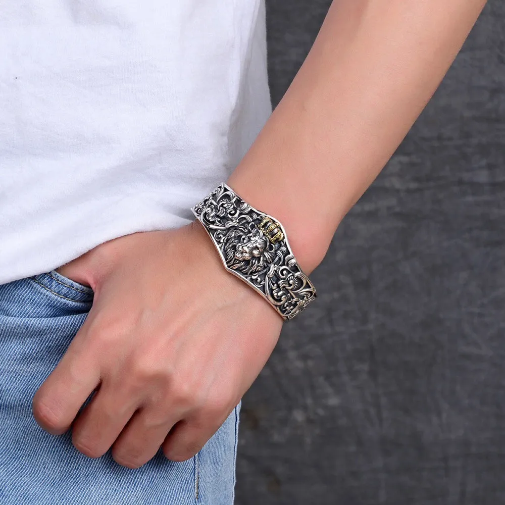 Heavy Real Solid 925 Sterling Silver Cuff Bracelet Animals Lion Crown Punk Jewelry Open Bangle