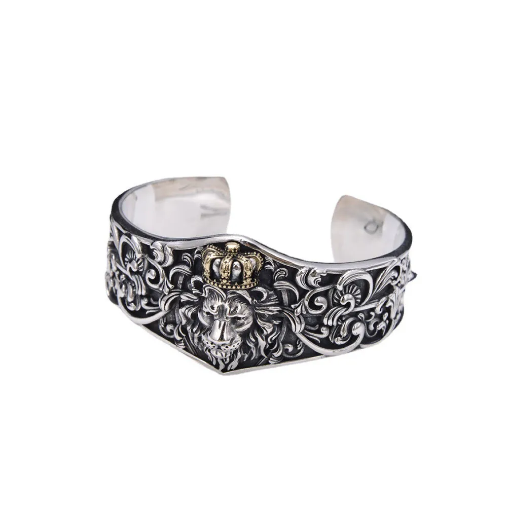 Heavy Real Solid 925 Sterling Silver Cuff Bracelet Animals Lion Crown Punk Jewelry Open Bangle