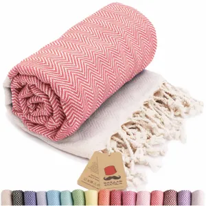 Herringbone Turkish Towel & Peshtemal Beach Towel - Coral