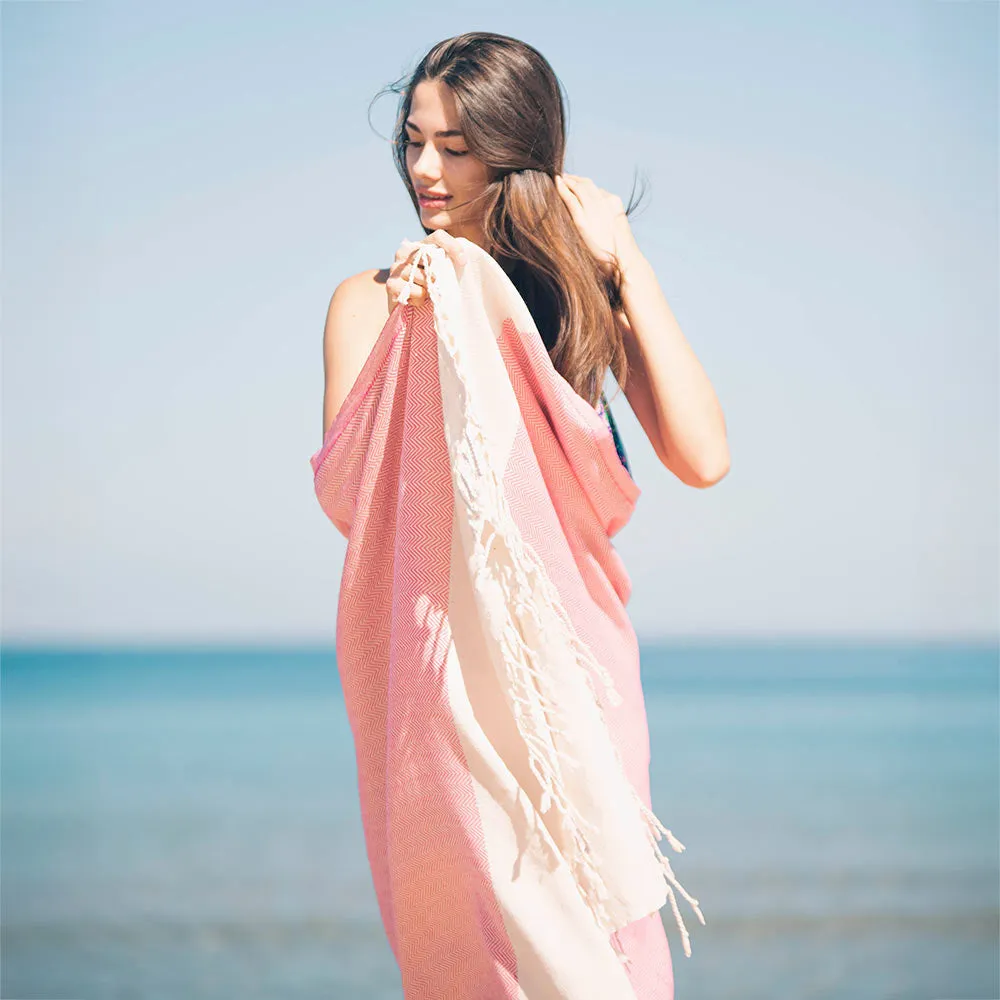 Herringbone Turkish Towel & Peshtemal Beach Towel - Coral