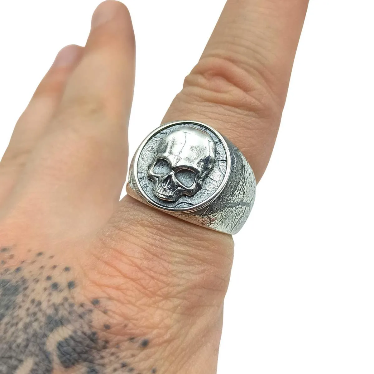 Human skull silver signet ring