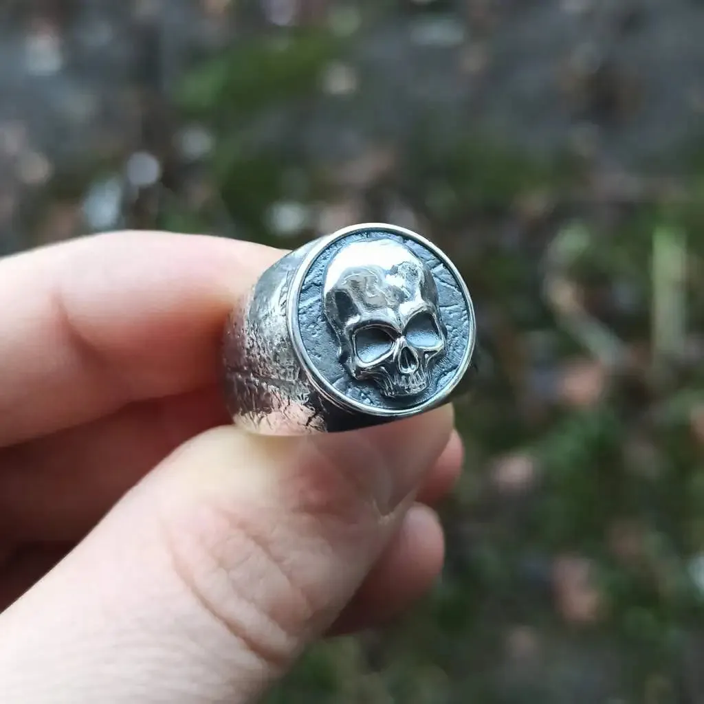 Human skull silver signet ring