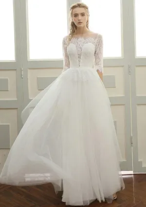 Illusion Lace Half Sleeve Tulle Long Bridal Wedding Dress, Buttons
