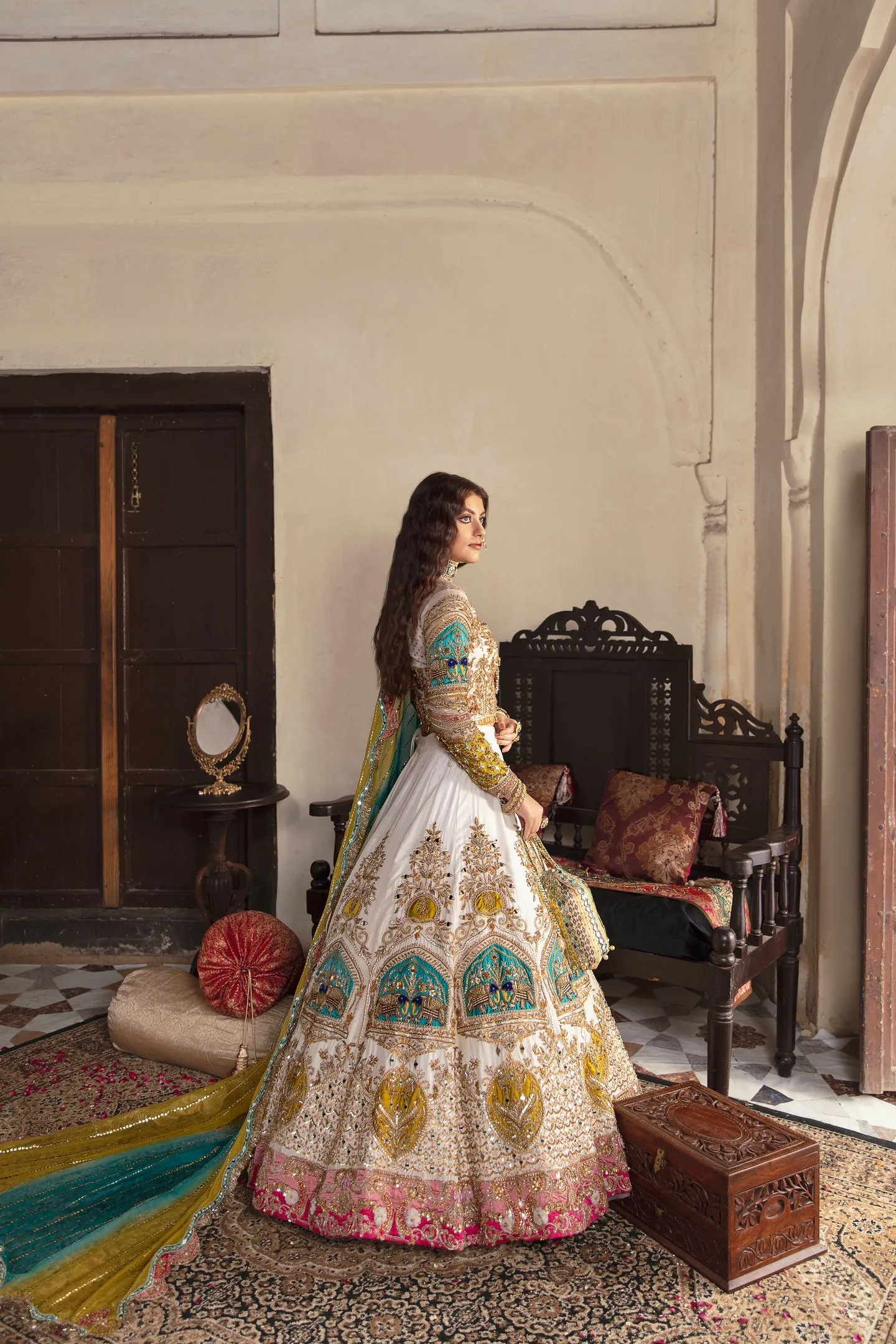 Indian White Raw Silk Lehenga Choli Bridal Dress #BN1206