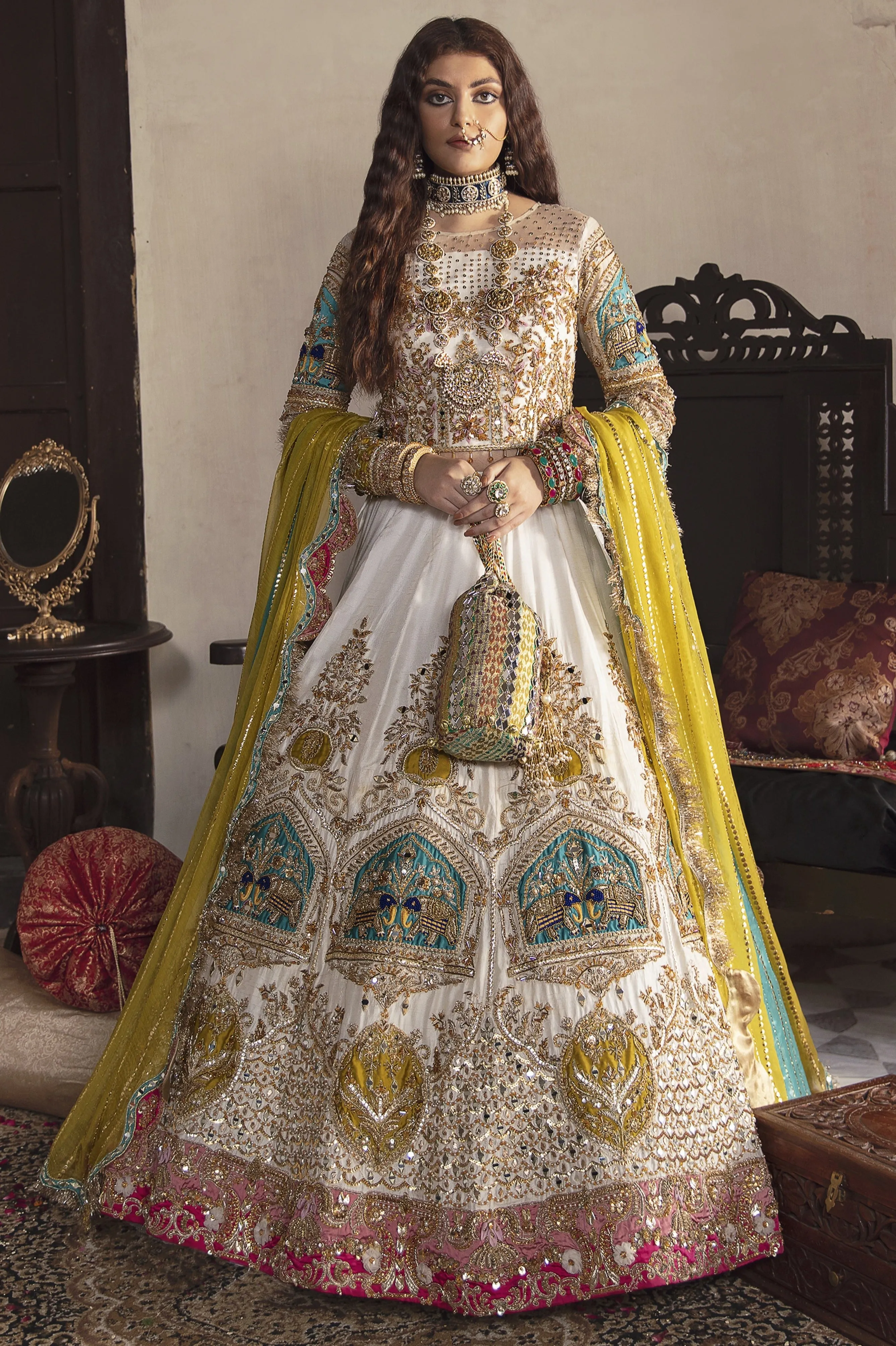 Indian White Raw Silk Lehenga Choli Bridal Dress #BN1206