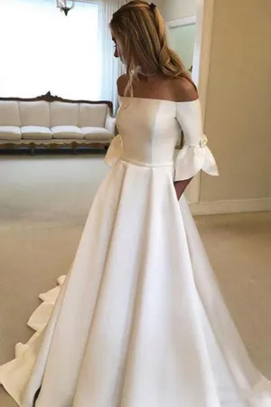 Ivory Satin A-line 3/4 Sleeves Off Shoulder Wedding Dresses with Pockets, MW663