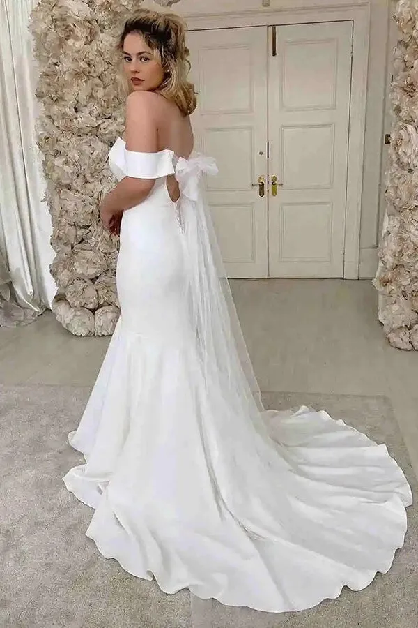 Ivory Satin Mermaid Off-the-Shoulder Simple Wedding Dress, Bridal Gown, MW858