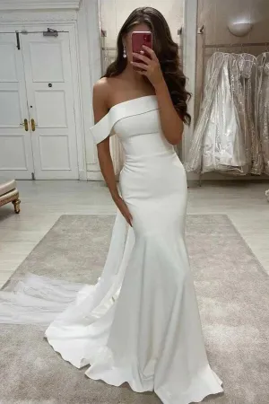 Ivory Satin Mermaid Off-the-Shoulder Simple Wedding Dress, Bridal Gown, MW858