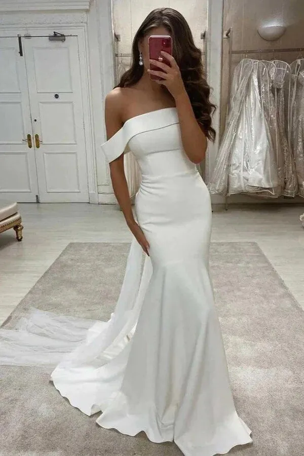 Ivory Satin Mermaid Off-the-Shoulder Simple Wedding Dress, Bridal Gown, MW858
