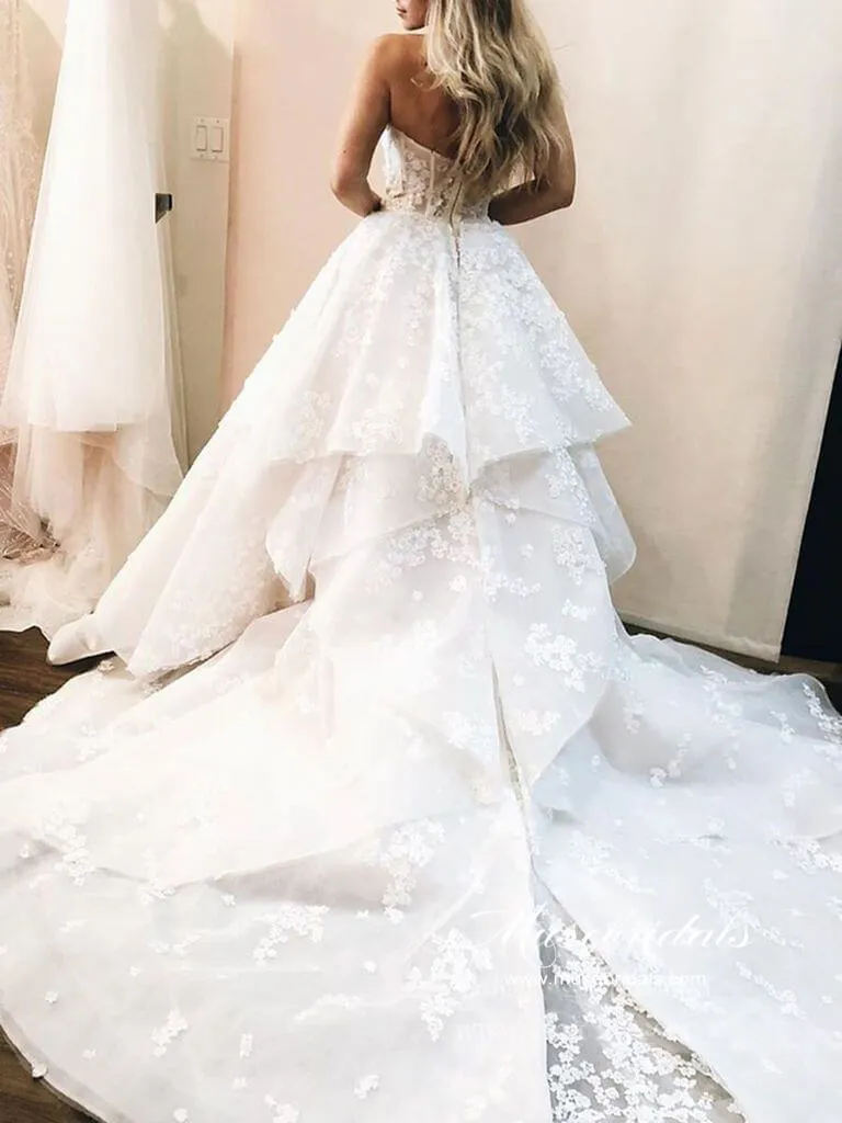 Ivory Tulle Ball Gown Strapless Sweetheart Wedding Dresses With Flowers, MW643