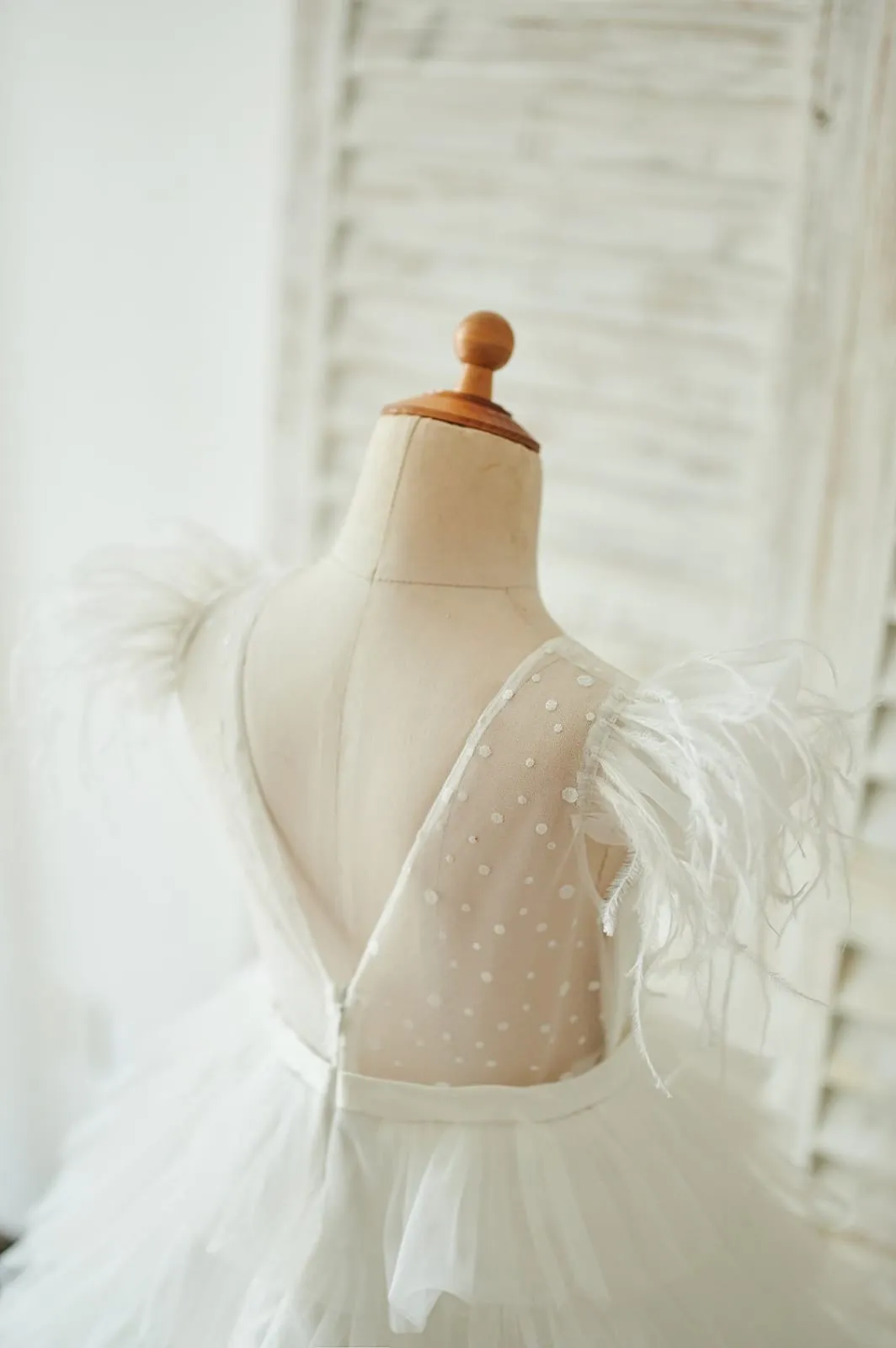 Ivory Tulle Cap Sleeves V Back Cupcake Wedding Flower Girl Dress
