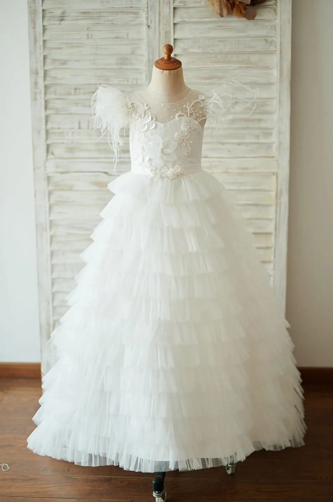 Ivory Tulle Cap Sleeves V Back Cupcake Wedding Flower Girl Dress