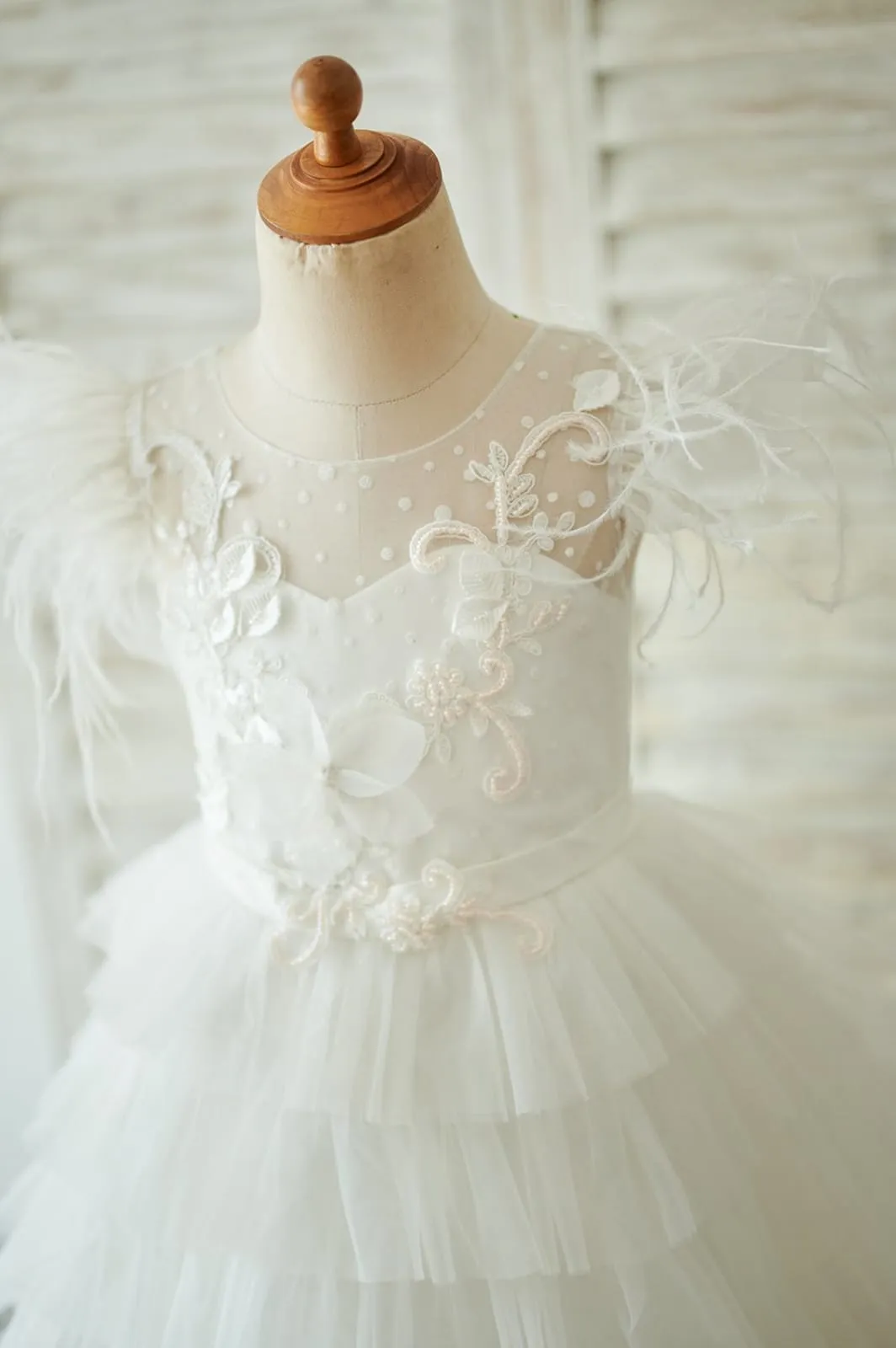 Ivory Tulle Cap Sleeves V Back Cupcake Wedding Flower Girl Dress