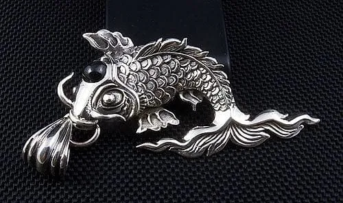 Japanese Koi Black Stone Sterling Silver Gothic Pendant