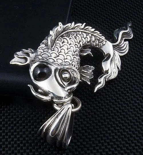 Japanese Koi Black Stone Sterling Silver Gothic Pendant