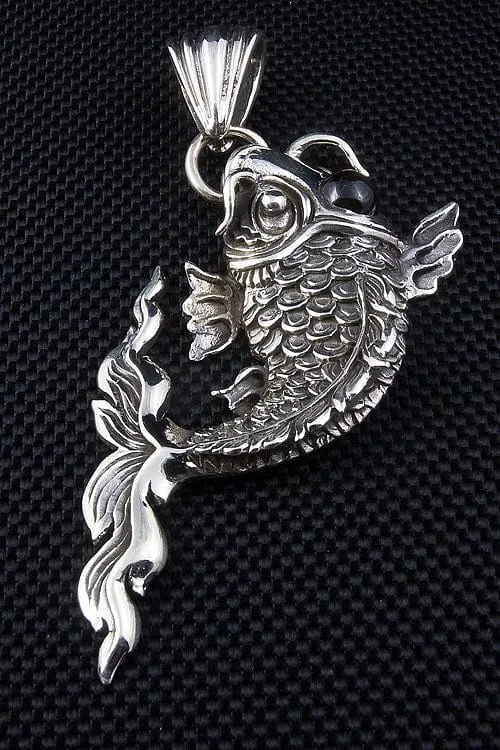Japanese Koi Black Stone Sterling Silver Gothic Pendant