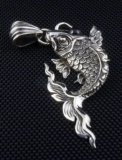Japanese Koi Black Stone Sterling Silver Gothic Pendant