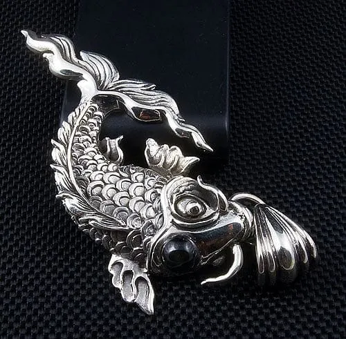 Japanese Koi Black Stone Sterling Silver Gothic Pendant