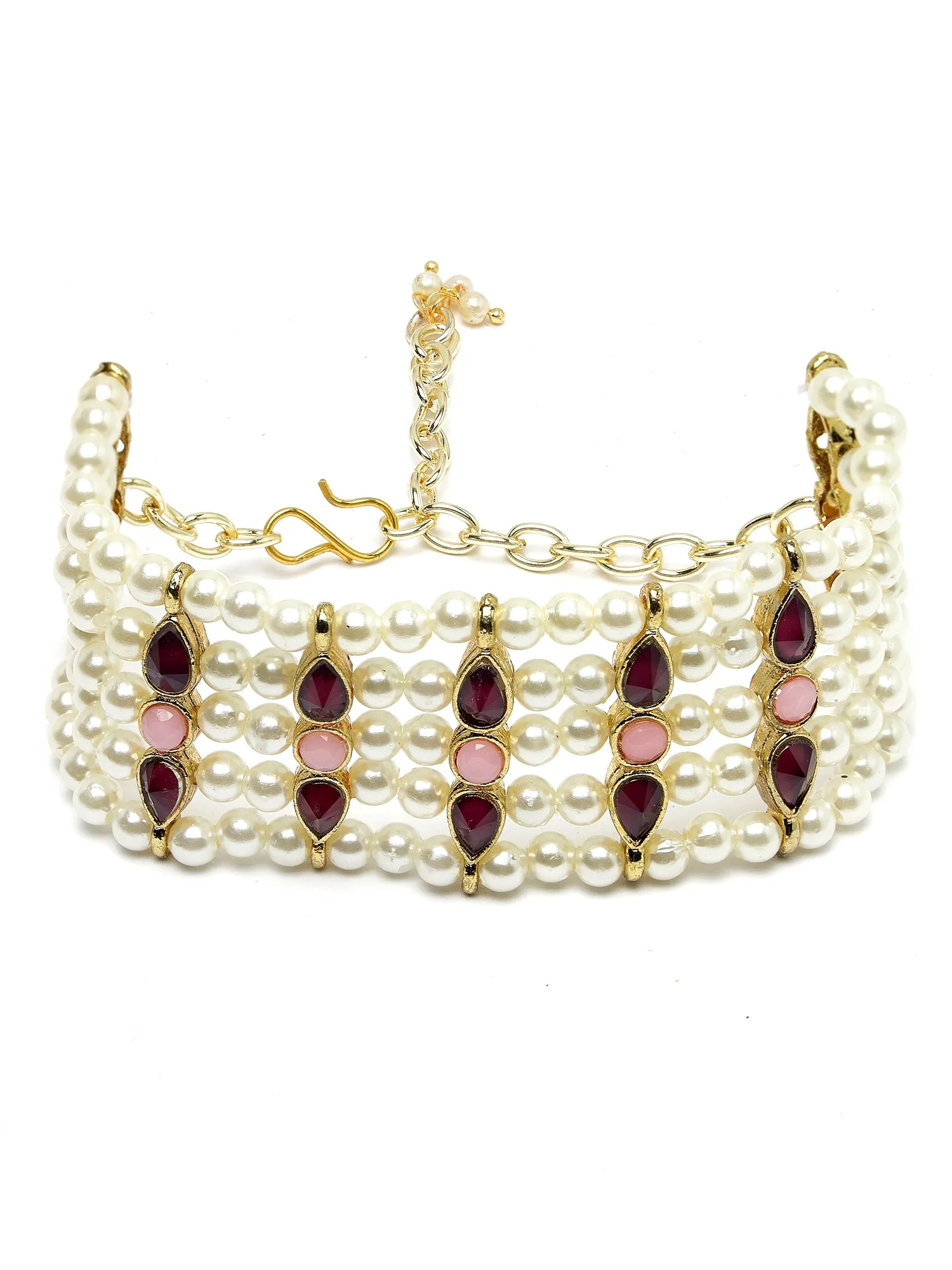 Karatcart Purple and Pink Stone Studded Pearl Beaded Kundan Bracelet for Women