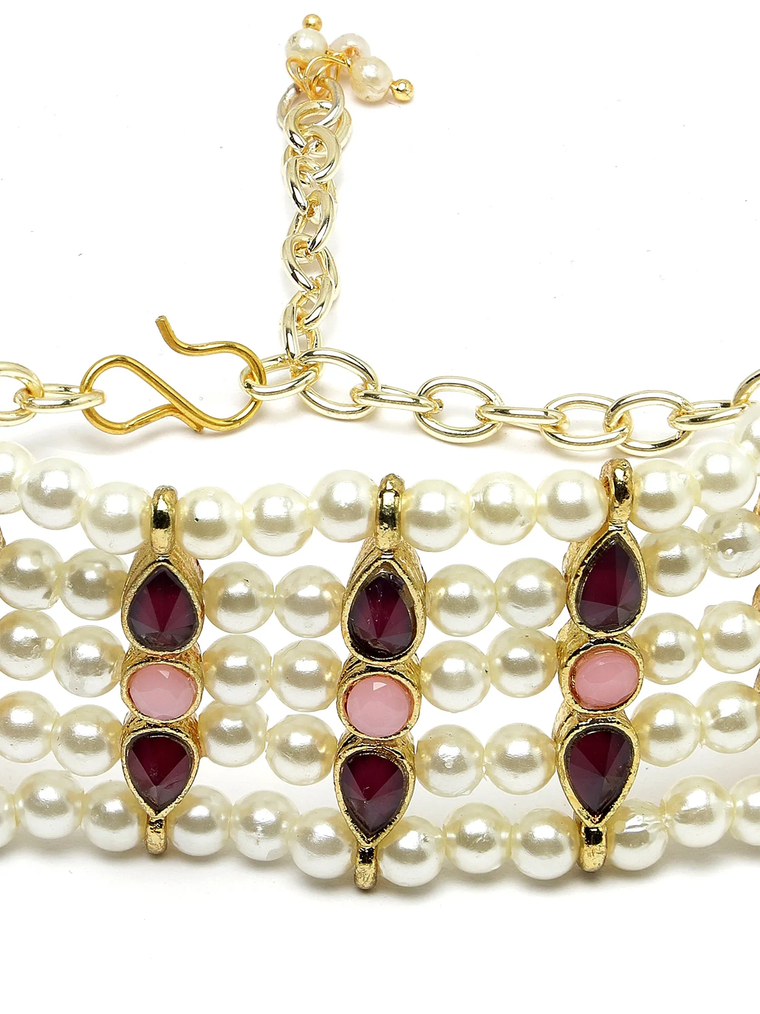 Karatcart Purple and Pink Stone Studded Pearl Beaded Kundan Bracelet for Women