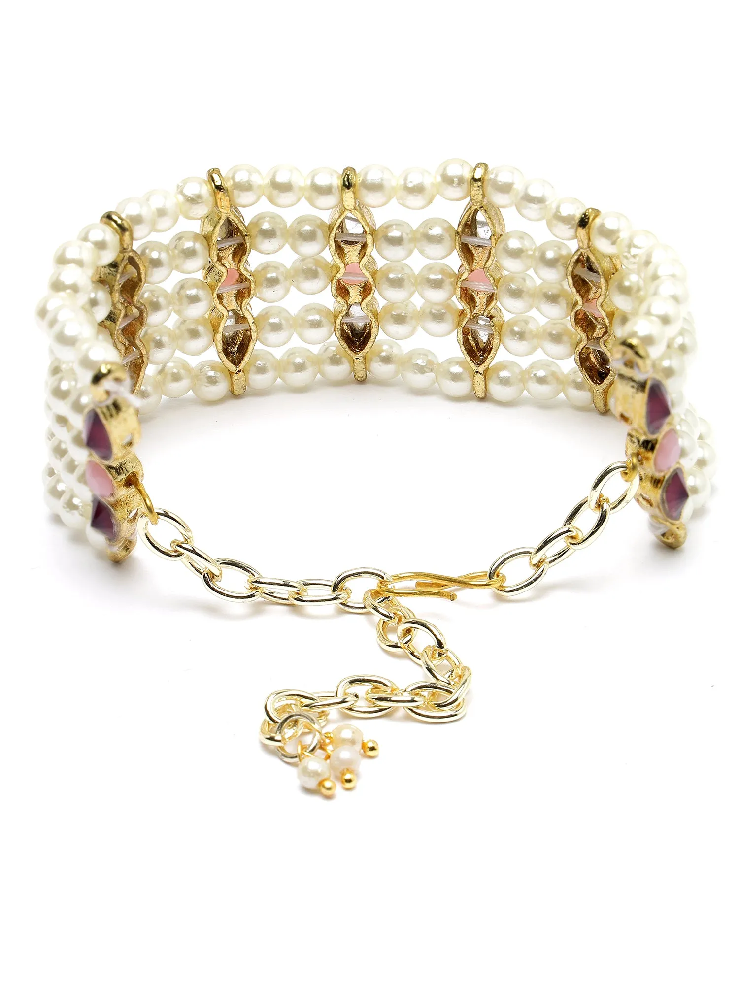 Karatcart Purple and Pink Stone Studded Pearl Beaded Kundan Bracelet for Women
