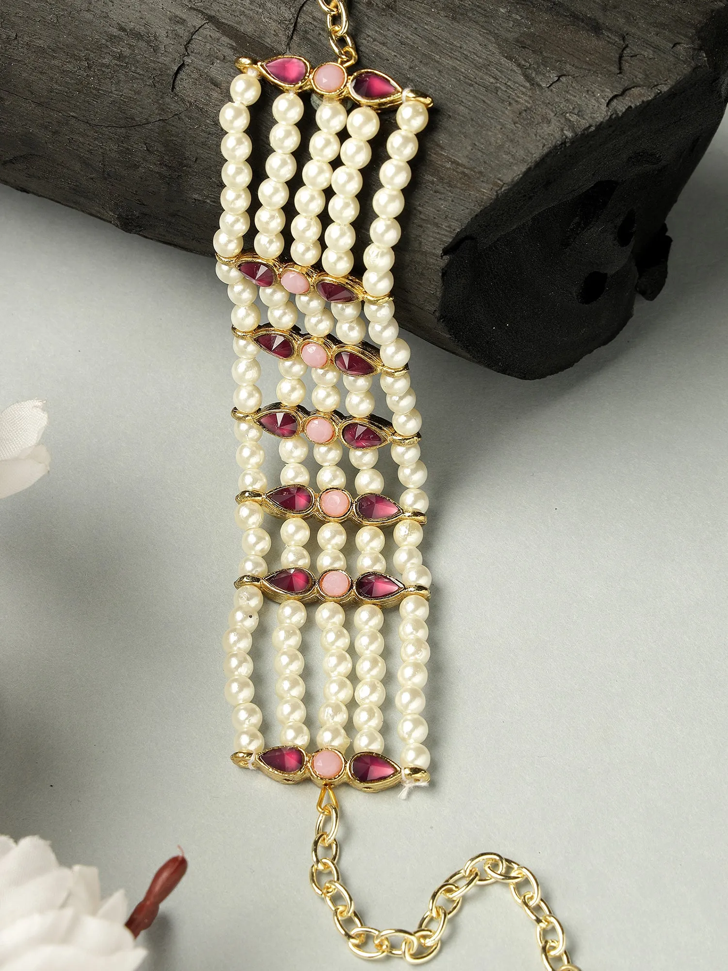 Karatcart Purple and Pink Stone Studded Pearl Beaded Kundan Bracelet for Women