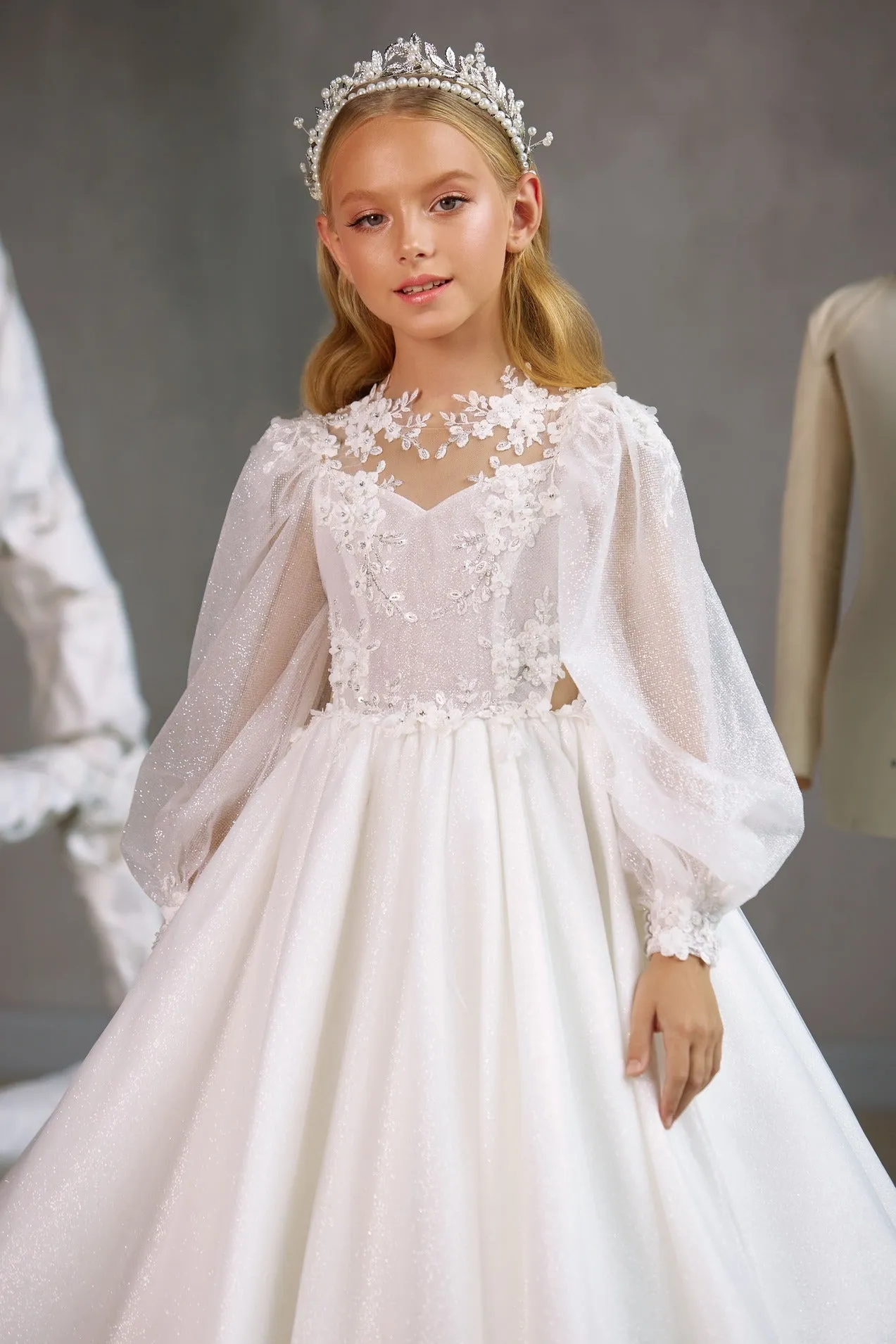 KAWARTHA – ENCHANTING COMMUNION DRESS WITH FLORAL LACE BODICE AND SHEER SLEEVES