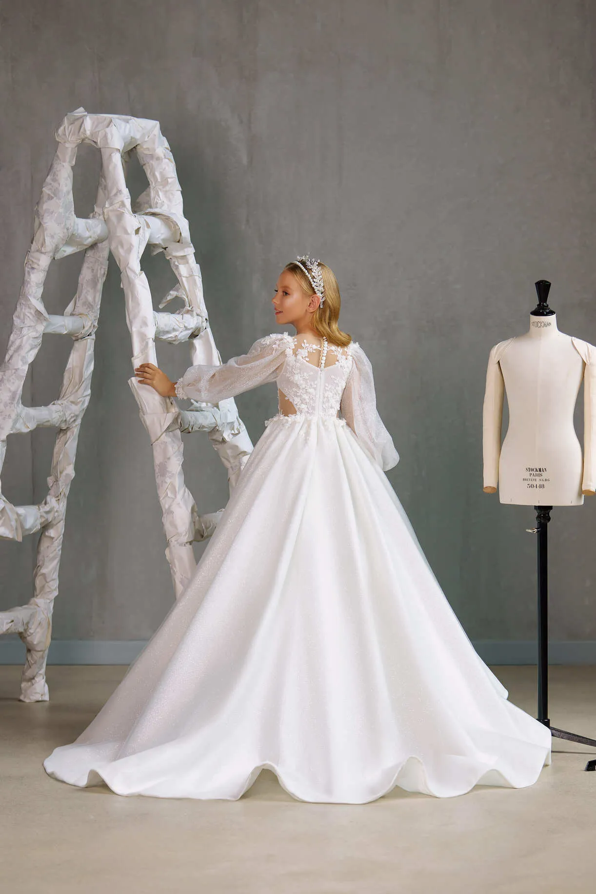 KAWARTHA – ENCHANTING COMMUNION DRESS WITH FLORAL LACE BODICE AND SHEER SLEEVES