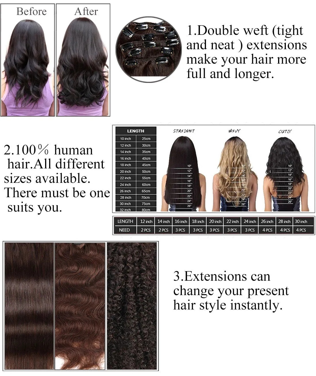 Kinky Curly Clip in Hair Extensions Human Hair Double Weft Top Grade 7A Brazilian unprocessed Virgin Hair Clip-in Hair