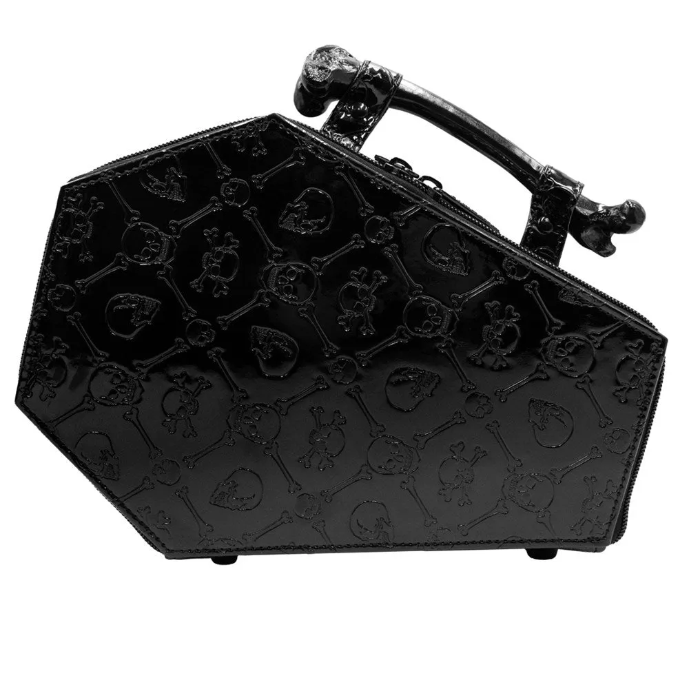 Kreepsville Embossed Patent Skull Crossbones Coffin Purse Bag