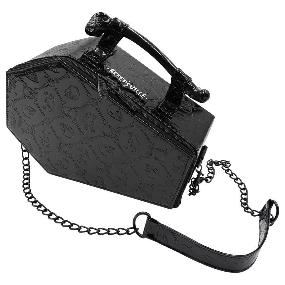 Kreepsville Embossed Patent Skull Crossbones Coffin Purse Bag