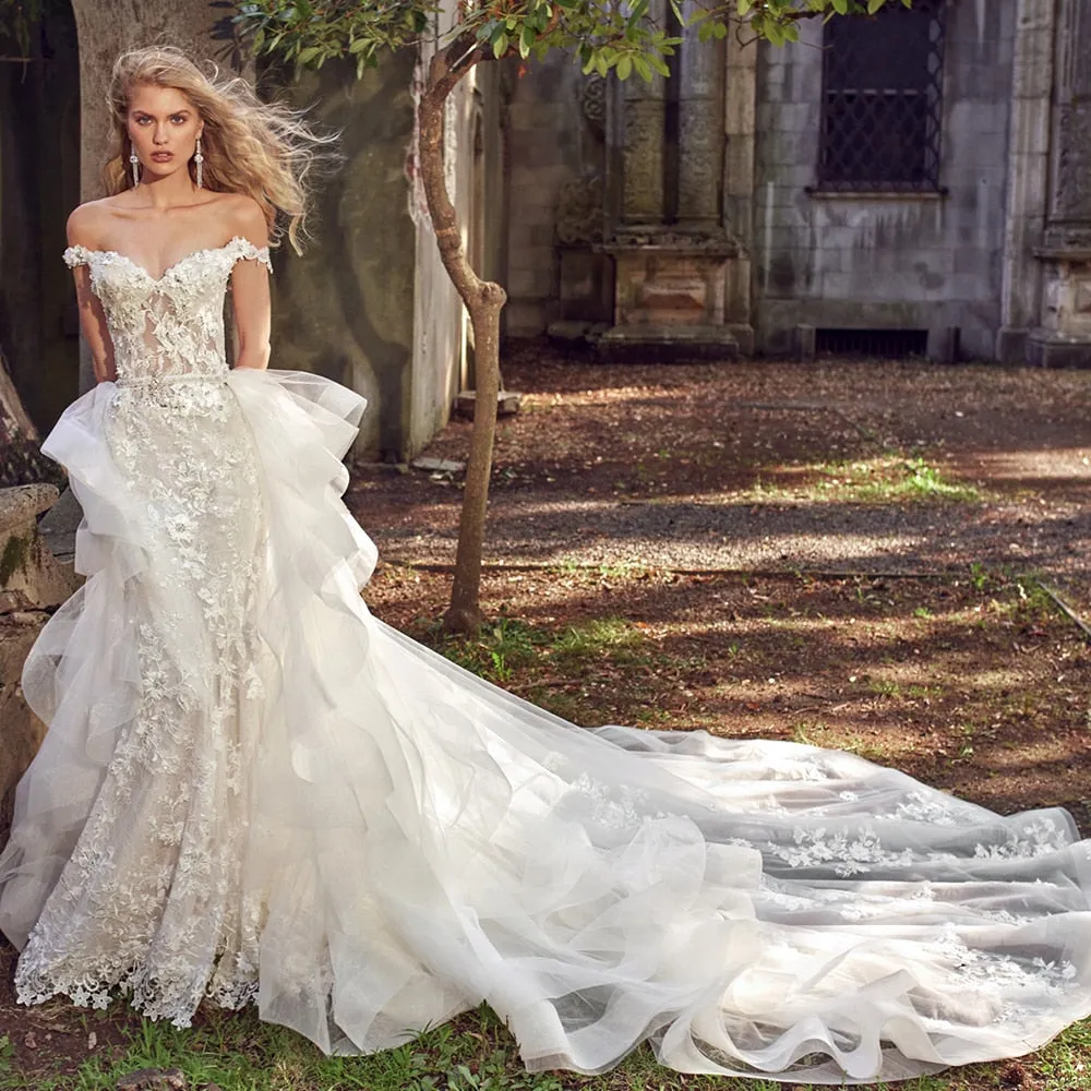 Lace Flowers Crystal 2 Pieces Mermaid Wedding Dresses