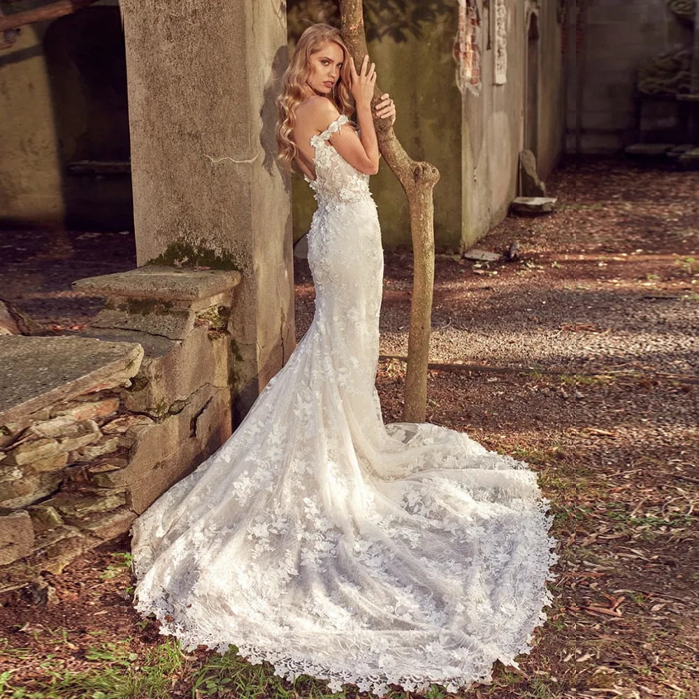 Lace Flowers Crystal 2 Pieces Mermaid Wedding Dresses