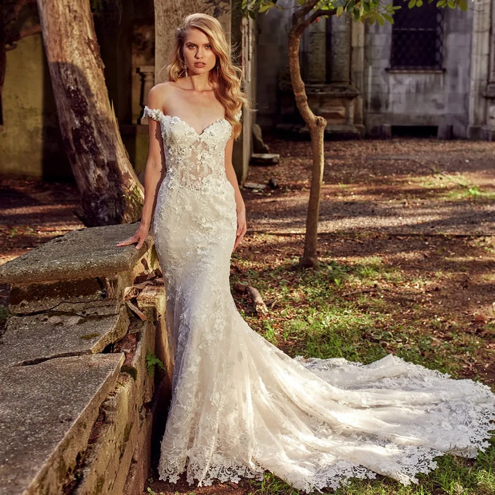 Lace Flowers Crystal 2 Pieces Mermaid Wedding Dresses