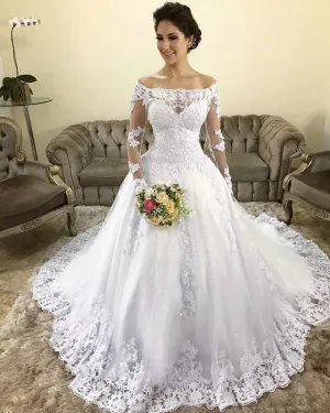 Lace Full Sleeve Wedding Dresses Ball Gown 2019 Off The Shoulder Elegant Bridal Gowns Appliques