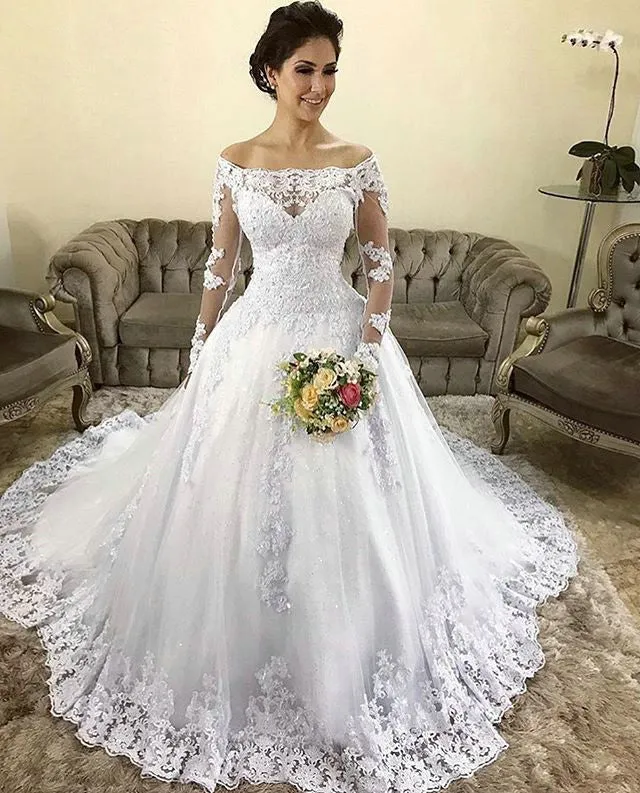 Lace Full Sleeve Wedding Dresses Ball Gown 2019 Off The Shoulder Elegant Bridal Gowns Appliques
