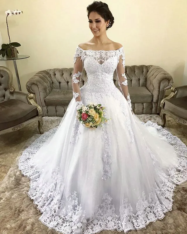 Lace Full Sleeve Wedding Dresses Ball Gown 2019 Off The Shoulder Elegant Bridal Gowns Appliques