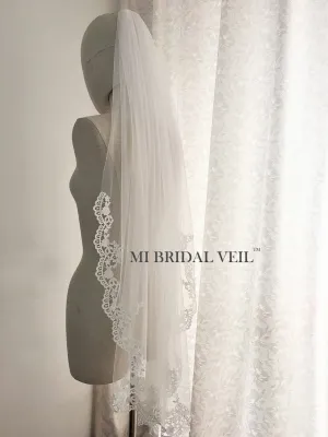 Lace Wedding Veil, Venice Crochet Fingertip Lace Bridal Veil, Lace at Chest, Mi Bridal