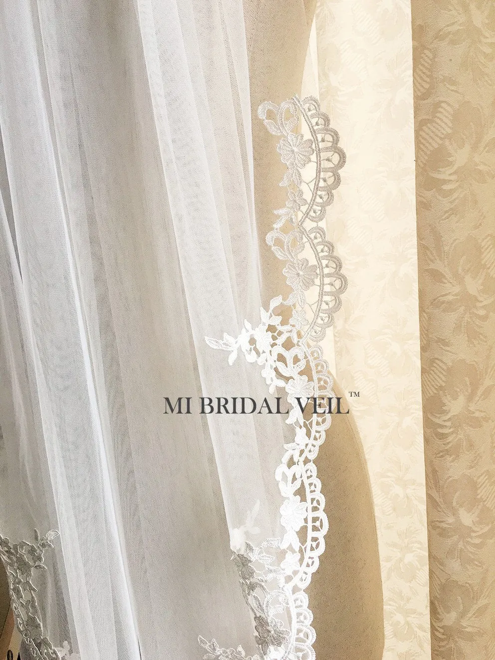Lace Wedding Veil, Venice Crochet Fingertip Lace Bridal Veil, Lace at Chest, Mi Bridal
