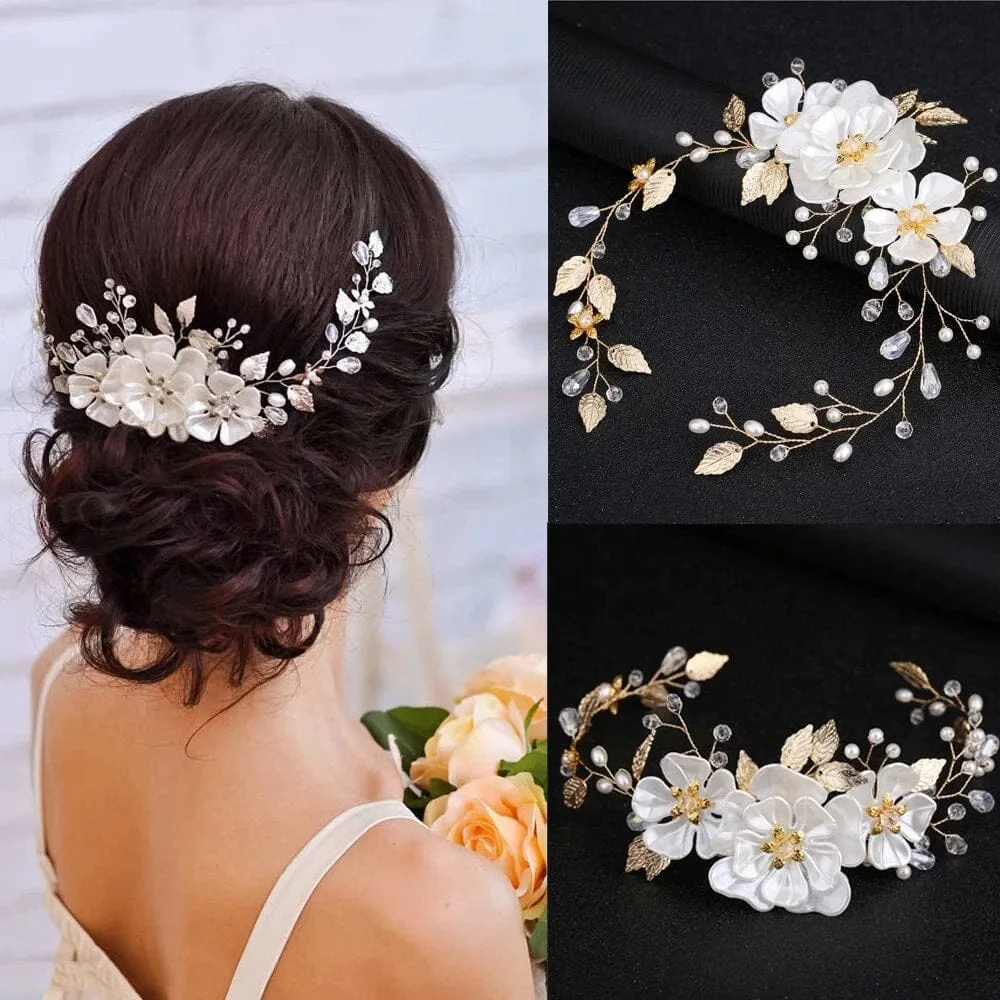 Large White Flower Bridal Hair Vine, Wedding Floral Head Wreath Hairpiece, Pearl Hair Wire Headpiece for Bride