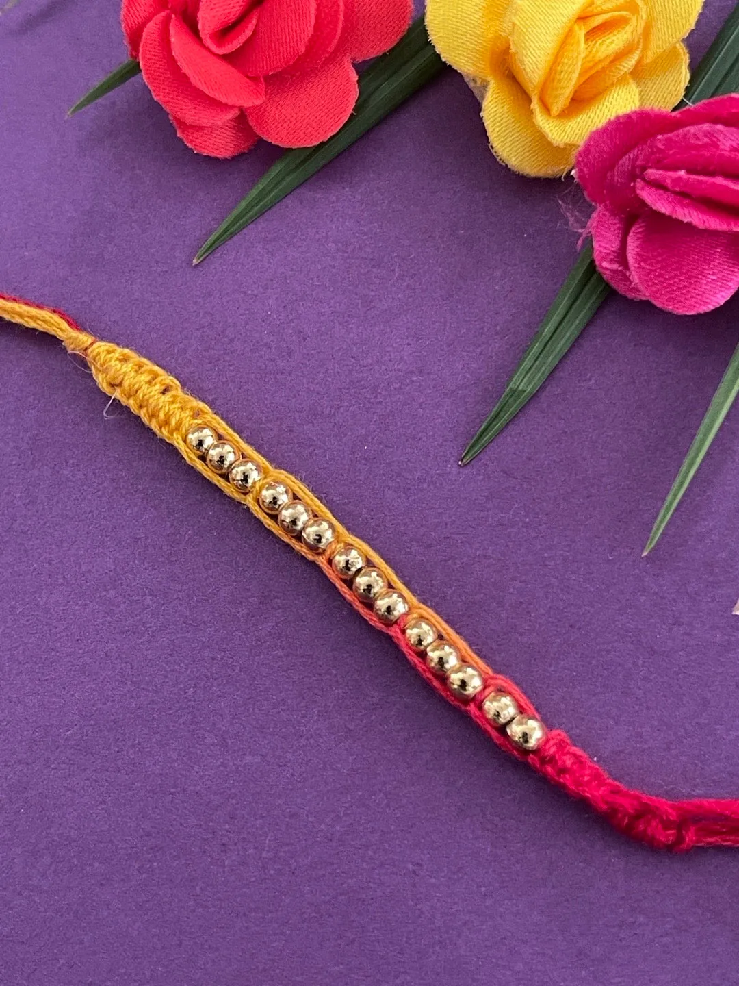 Latest Simple Golden Beaded Rakhi Criss Cross Mauli Thread Rakhi For Raksha Bandhan