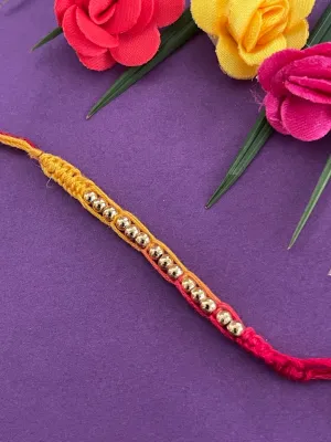Latest Simple Golden Beaded Rakhi Criss Cross Mauli Thread Rakhi For Raksha Bandhan
