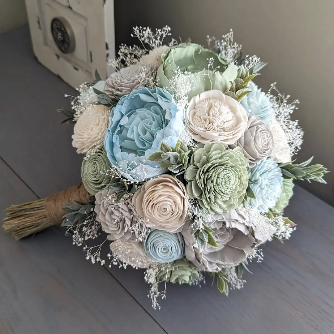 Light Blue, Sage, Light Gray, and Ivory Bouquet with Baby's Breath and Greenery