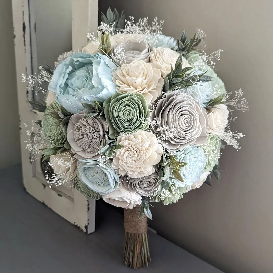 Light Blue, Sage, Light Gray, and Ivory Bouquet with Baby's Breath and Greenery