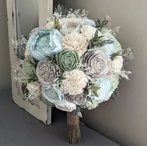 Light Blue, Sage, Light Gray, and Ivory Bouquet with Baby's Breath and Greenery