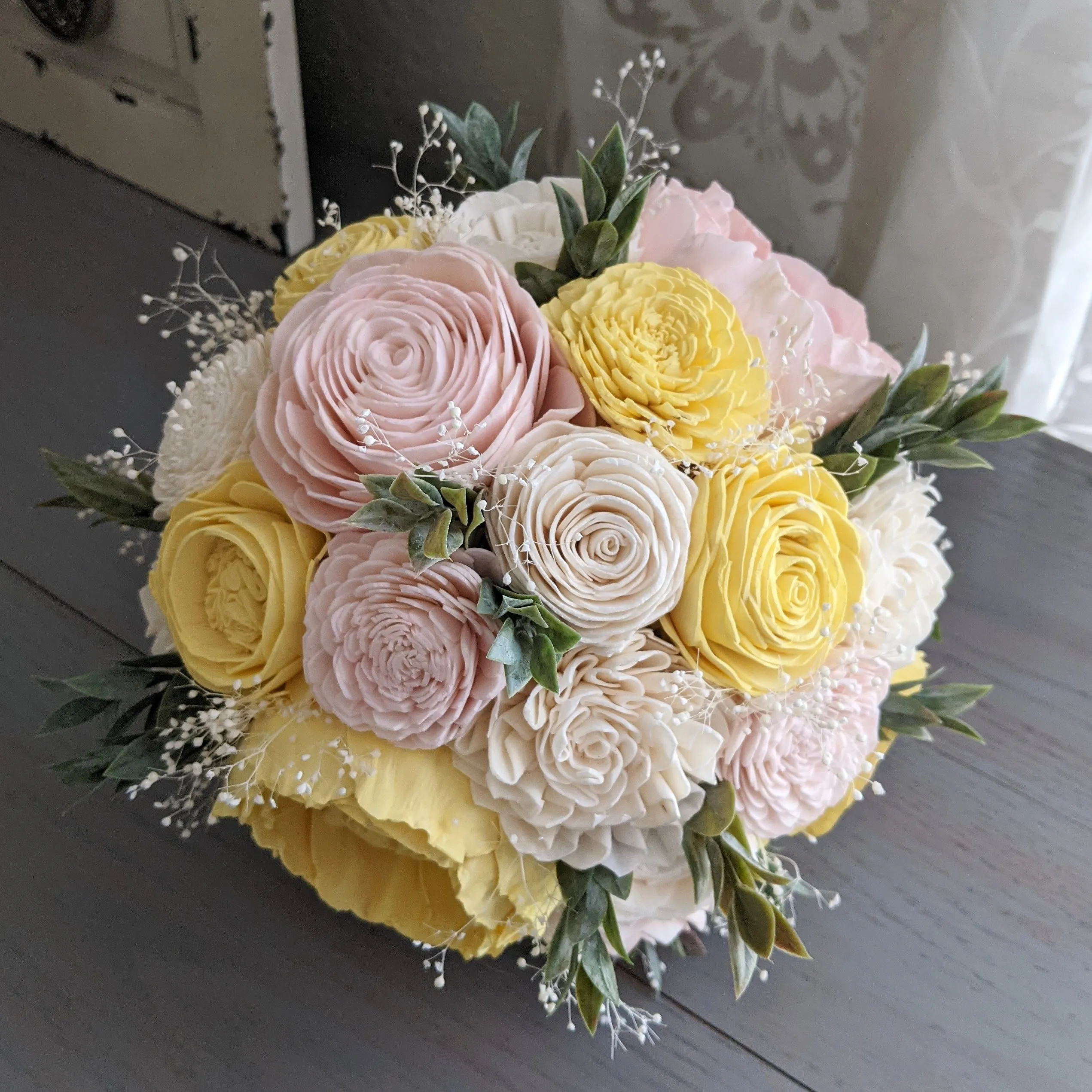 Light Yellow, Blush, and Ivory Bouquet with Baby's Breath and Greenery