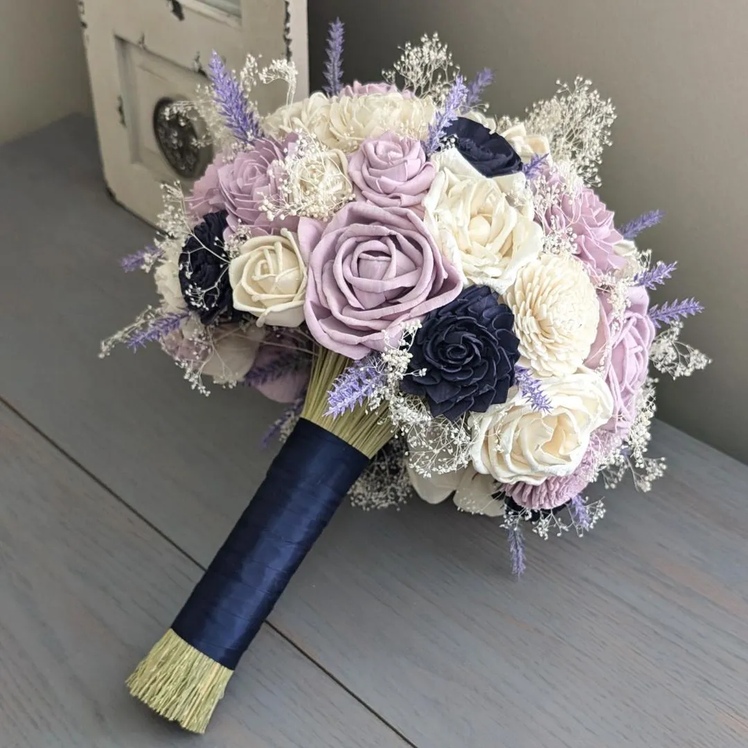 Lilac and Ivory with Navy Accents Bouquet with Lavender and Baby's Breath
