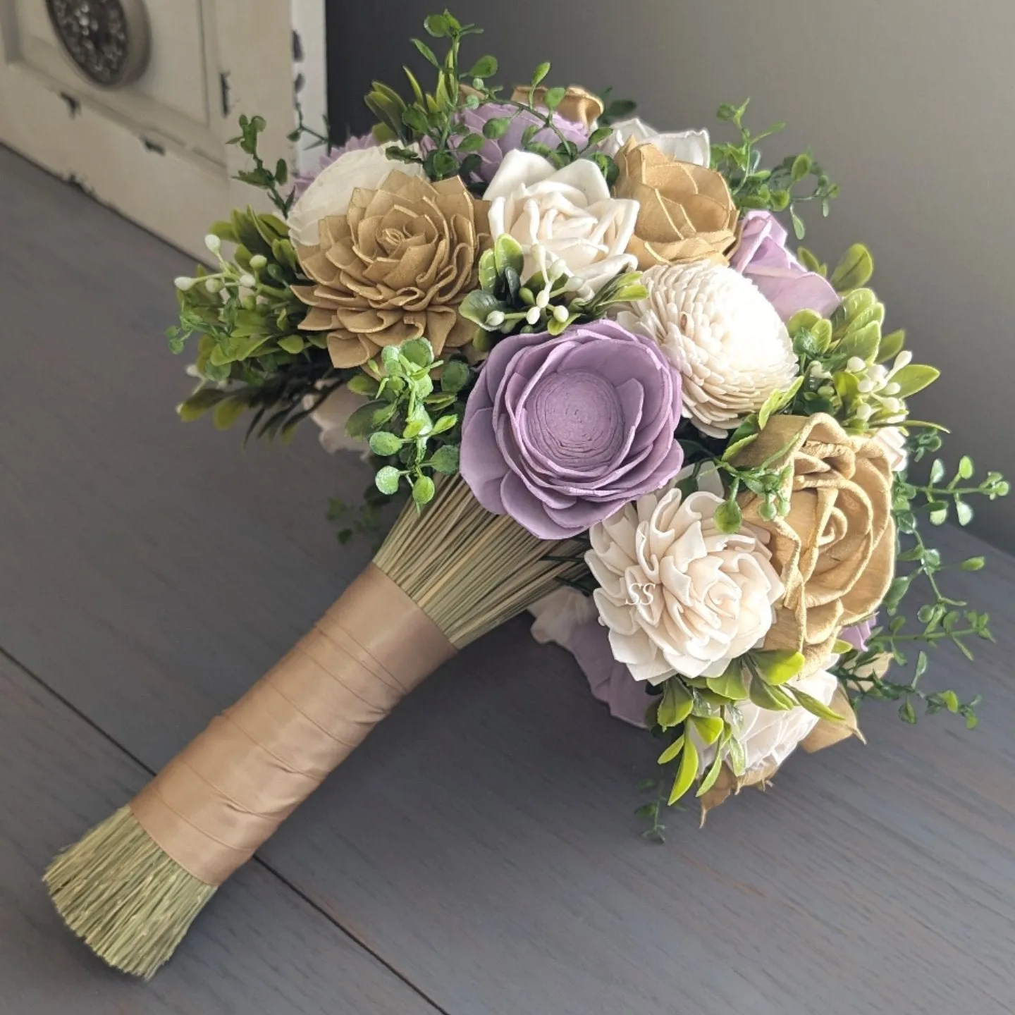 Lilac, Dark Gold, and Ivory Bouquet with Mixed Greenery